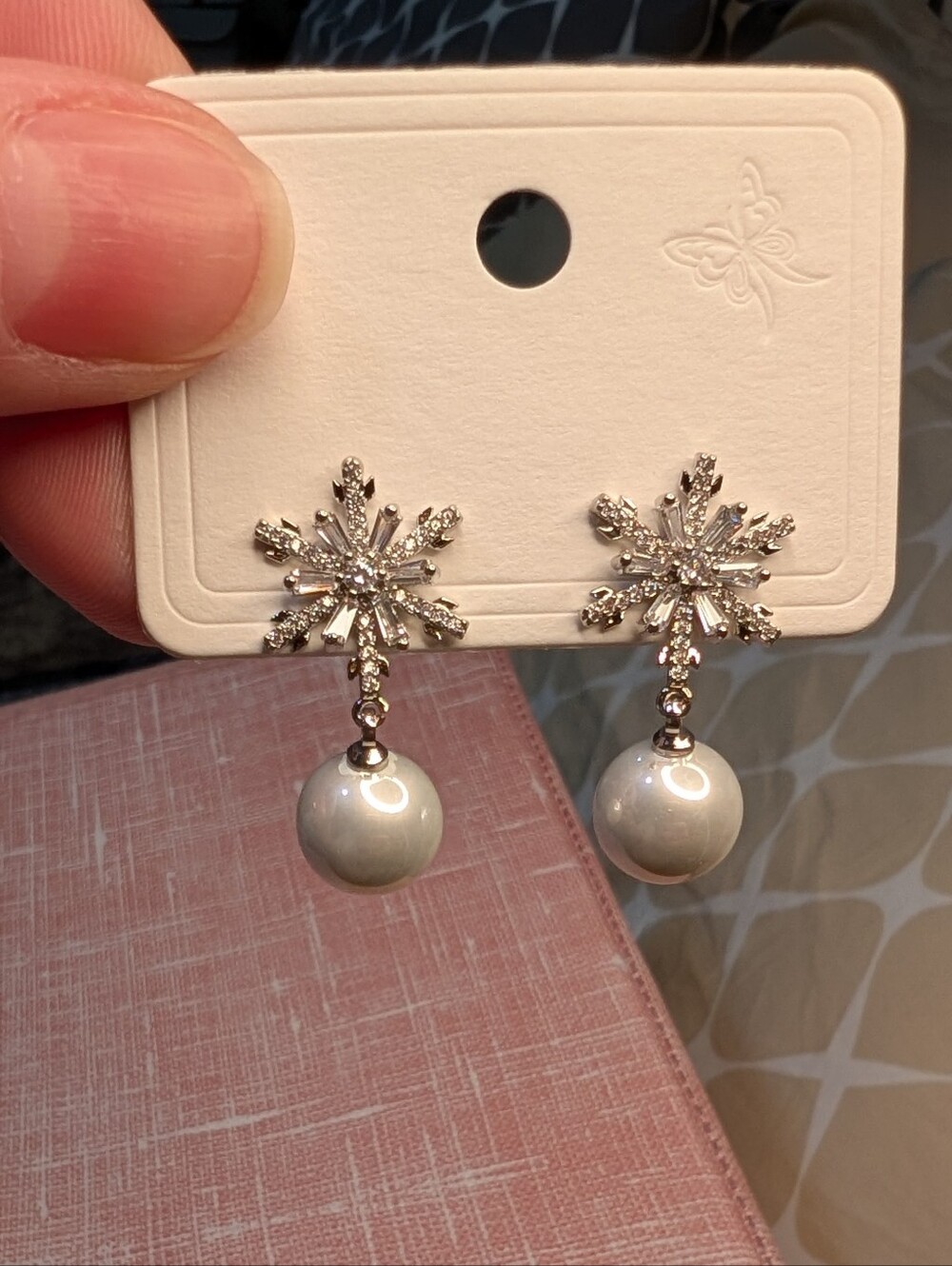 Crystal Snowflake Pearl Drop Earrings - Silver
